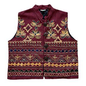 Folk Art Embroidered Burgundy Vest with Metal Concho Buttons Boho Made in India